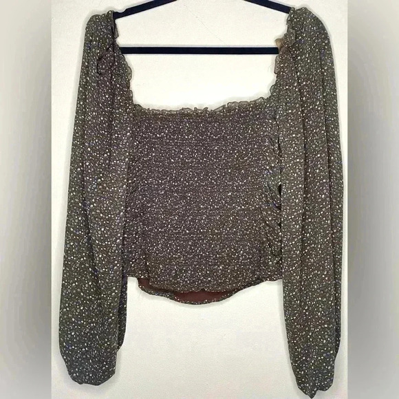 ASTR The Label Brown Ditsy Floral Rouched Top Puffy Poet Sleeves Cottage , sz XL - Picture 2 of 2